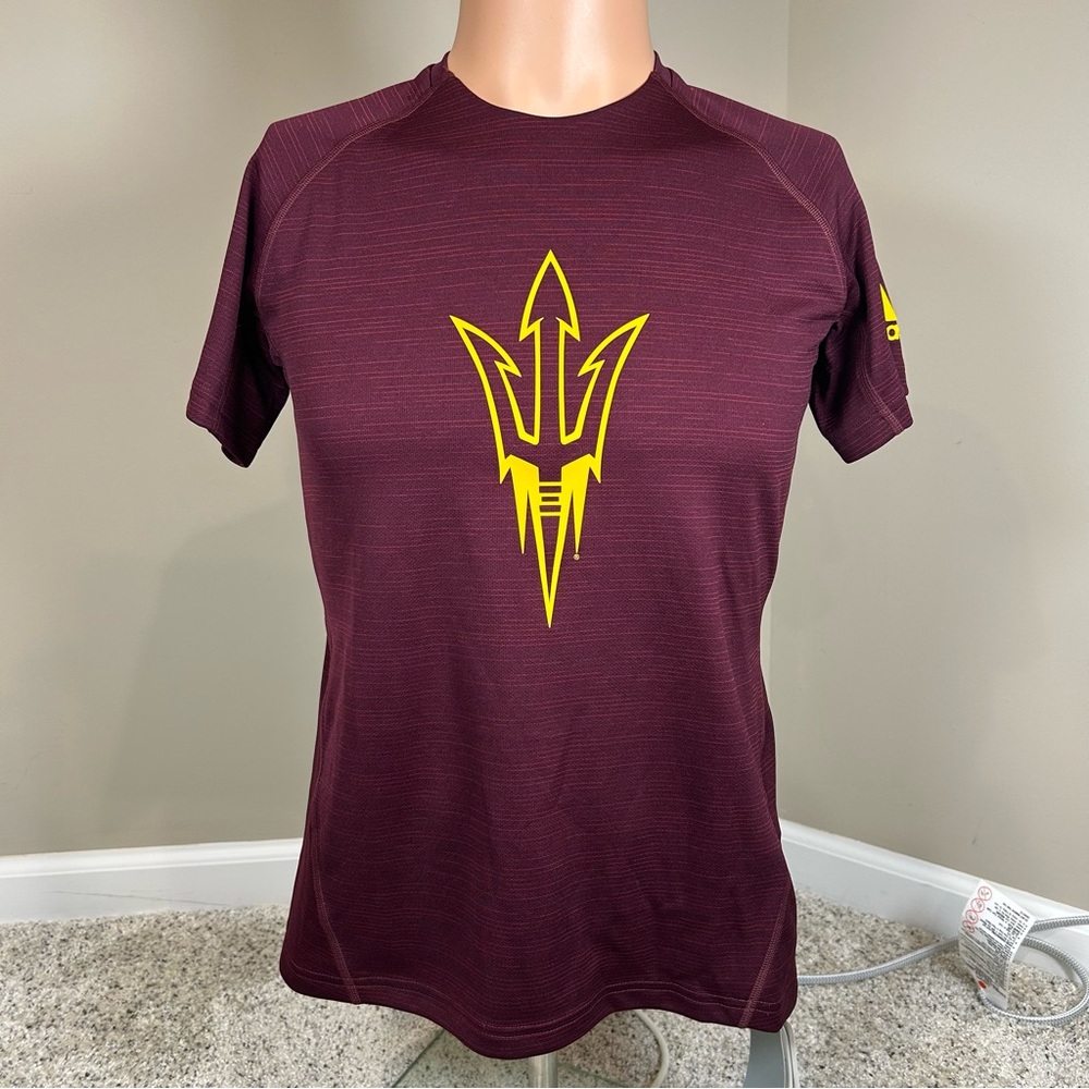 New Sample adidas Burgundy and Yellow Men's Tee Arizona State pitchfork Shirt